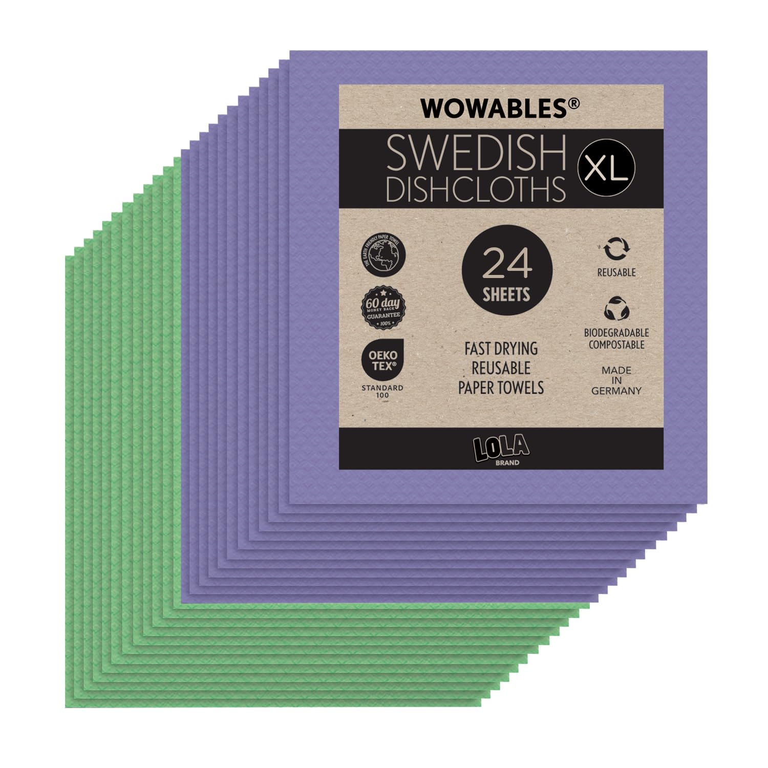 Swedish Dishcloths for Kitchen XL, 24 2x12 Sheet Rolls, Biodegradable, Compostable, Reusable Paper Towel Cleaning Cloths, 11" x 10" No Odor Washing
