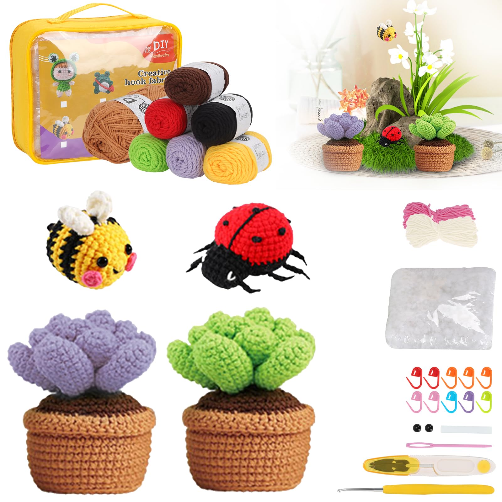 HUIJUTCHENHUIJUTCHEN Crochet Kit for Beginners, Crochet Animal Kit - Bee, Seven Star Ladybird, Succulent, 4 Pattern Beginner Crochet Kit for Adults Kids with Step-by-Step Video and Crochet Yarns, Hook