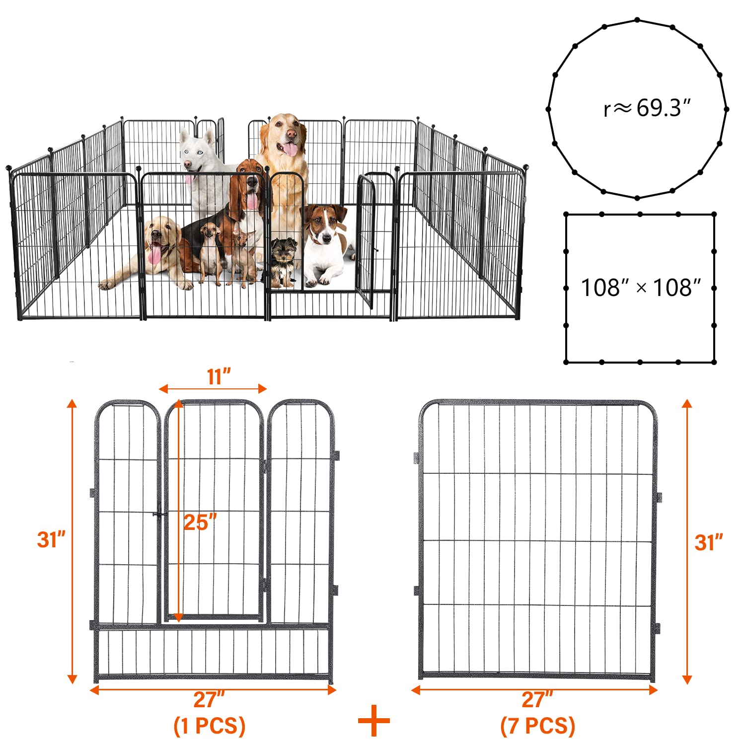 QUDEISB Portable Dog Fence Heavy Duty Metal Pet Dog Playpen with 32 Inch Height,Dog Pen Extra Large Indoor Outdoor Dog Fences for The Yard, Home, Camp (16 Panels)