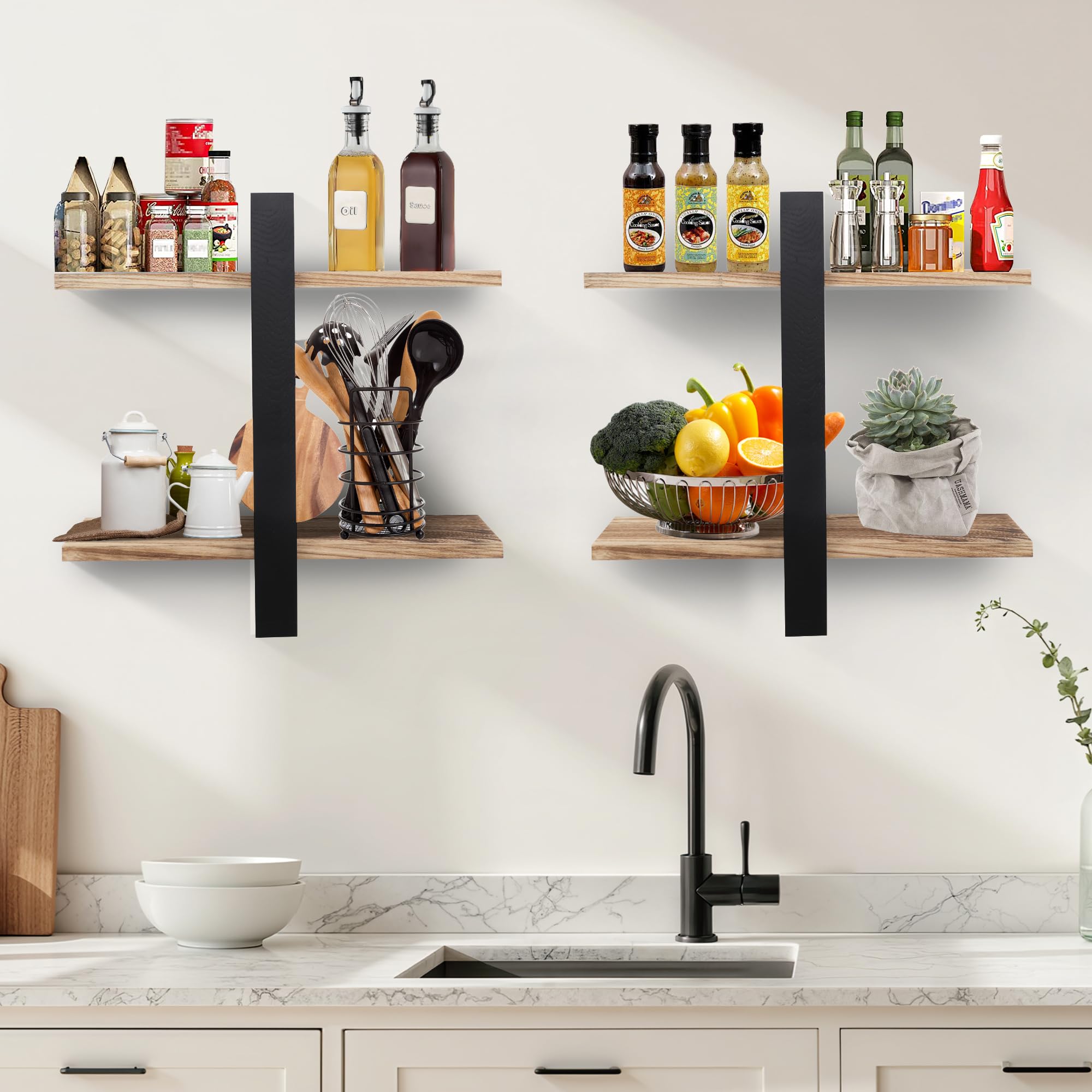 Lot de 2 étagères murales de rangement et de présentation pour salon, chambre à coucher, salle de bain, cuisine et bureau (noir + noir carboné)