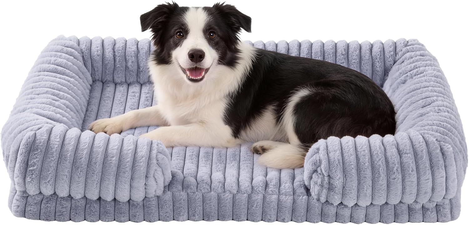 Orthopedic Dog Bed for Large Dogs, Removable Washable Cover & Waterproof Lining, Egg Support Foam with Stripe Faux Rabbit Fur, 42x27x8 Inches, Gray