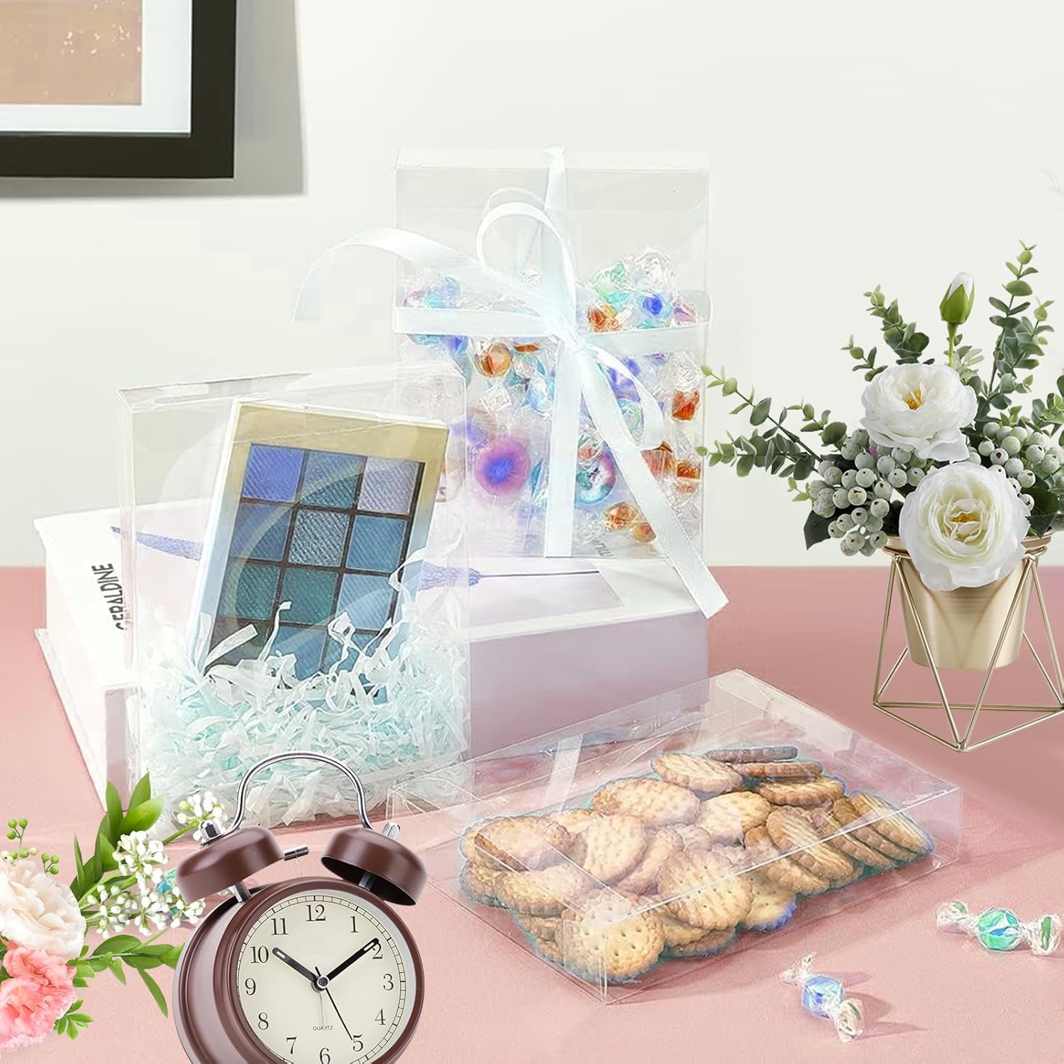 WOPPLXY 80 Pcs Clear Favor Boxes, 5 x 4 x 1.2 Inch Clear Cookie Boxes, Rectangle PVC Transparent Gift Box, Transparent Treat Boxes for Packaging Dessert, Candy,Wedding, Party , Valentine, Halloween, Christmas