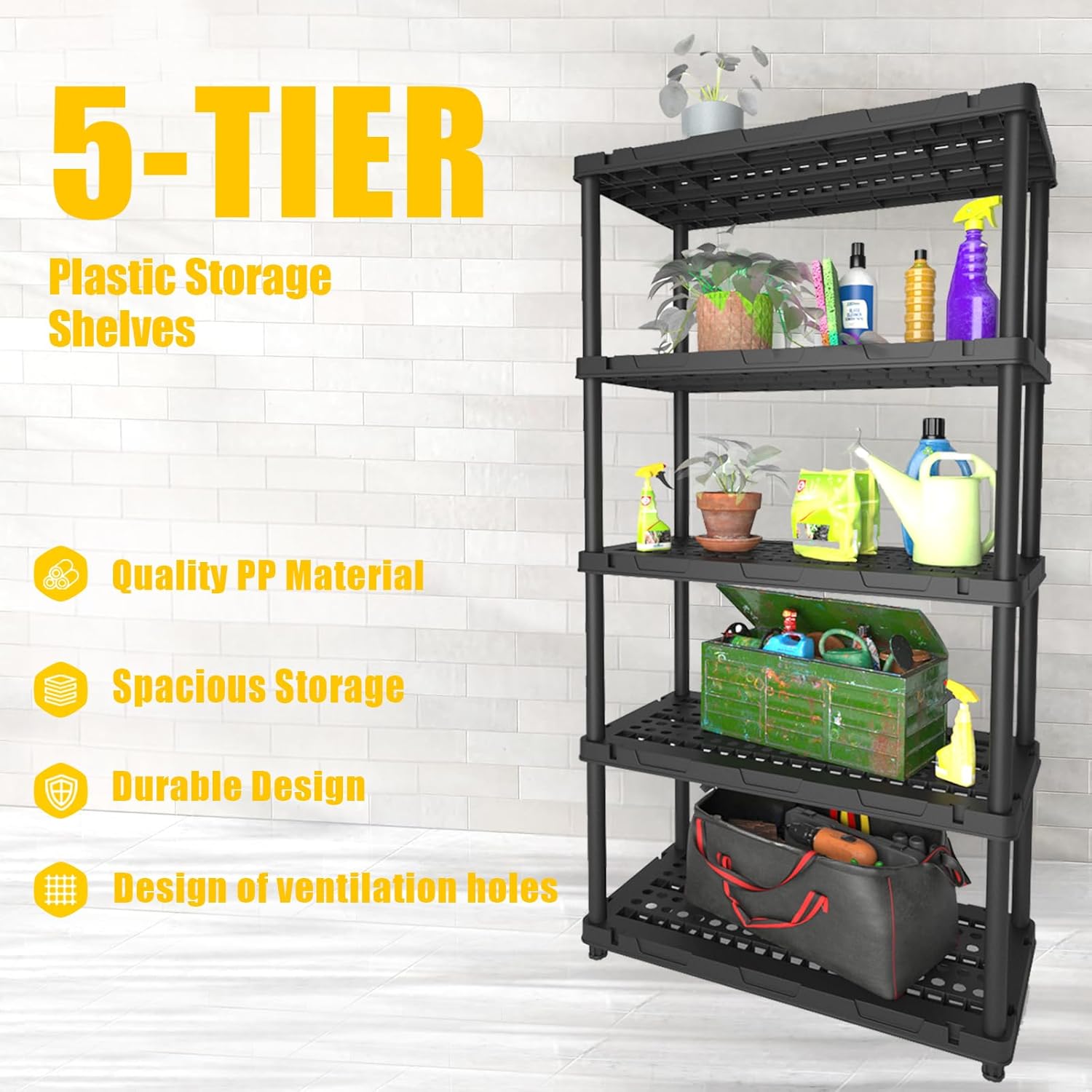 Plastic Storage Rack, 4/5 Shelf Sturdy Shelving Unit, Plastic Shelves, Garage Storage Shelves for Garage, Kitchen, Study, Bathroom, Single Layer 66LBS Load-Bearing Capacity (72.44''H)