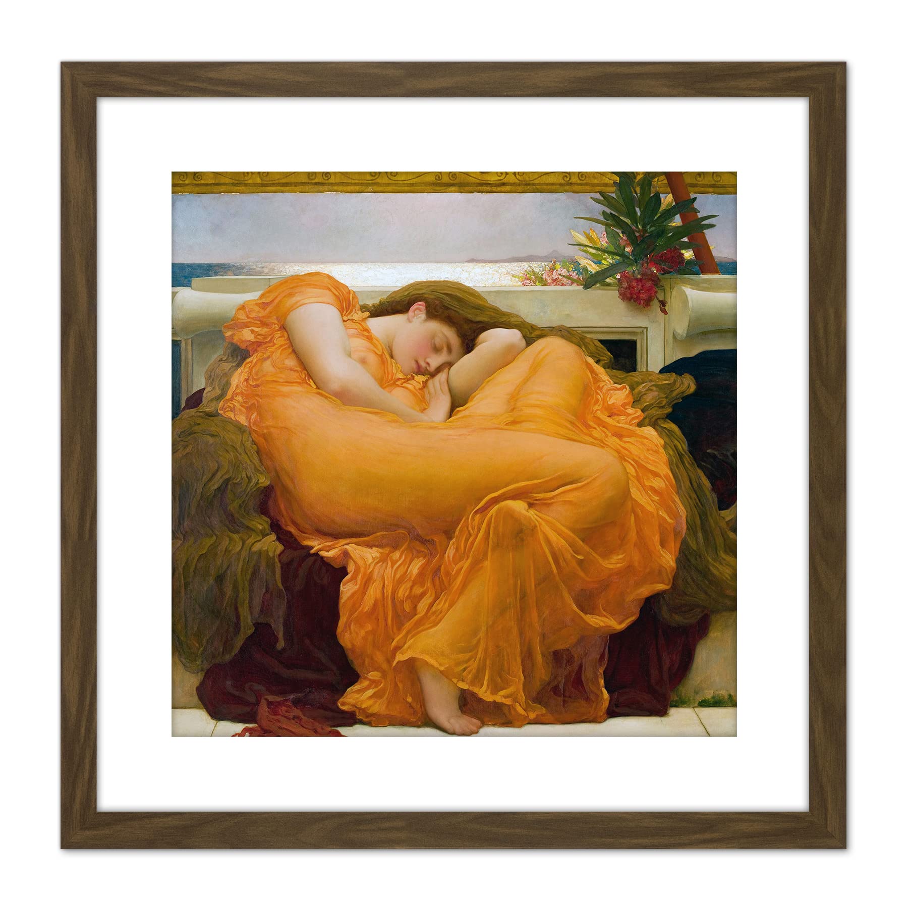 Artery8 Leighton Flaming June Painting 9X9 Inch Square Wooden Framed Wall Art Print Picture with Mount
