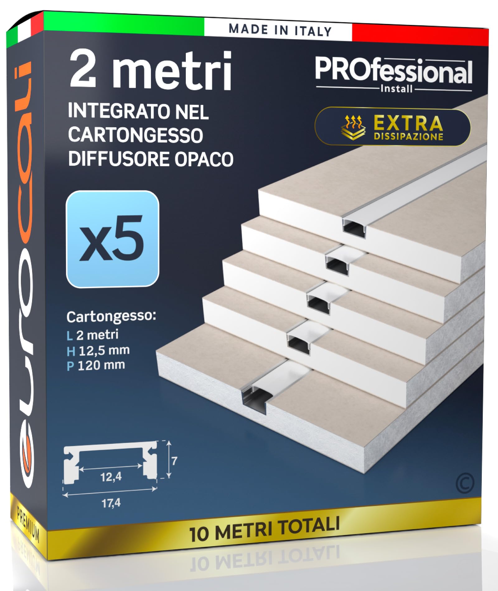 Eurocali Profilo Alluminio per Strisce LED Integrato nel Cartongesso - spessore 12,5mm - Facile da Montare - Gomma di Protezione Stuccatura - Conf. da 5 pezzi 2mt x 12cm
