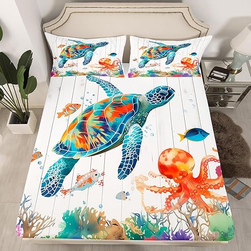 Erosebridal Juego de sábanas de acuarela de tortuga marina, lindo juego de sábanas bajeras de medusas de pulpo, ropa de cama individual colorida de