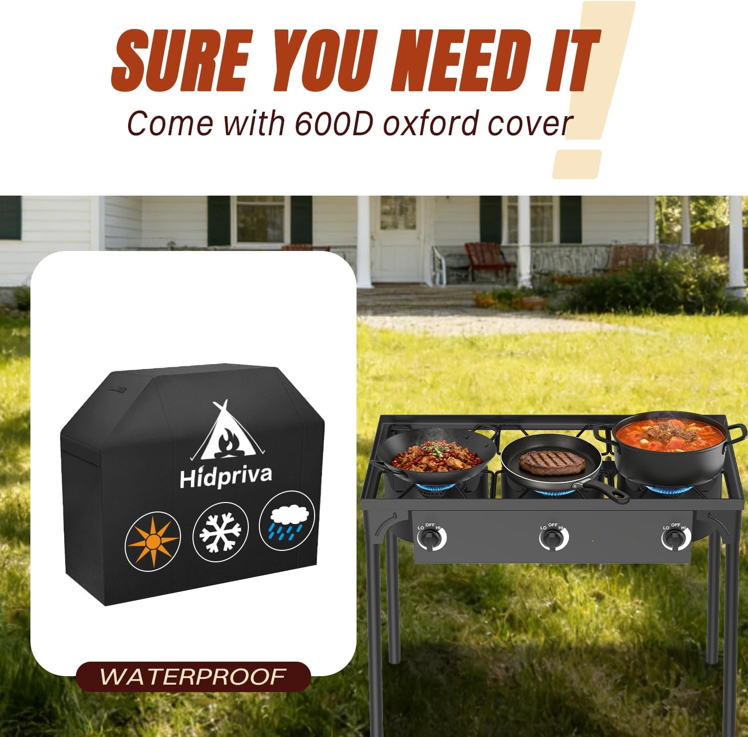 3 Burner Propane Gas Stove with Dustproof Cover & 20PSIG Regulator, Camp Stoves, 225,000 BTU High Pressure Burner for Backyard Cooking Camping Home Brewing
