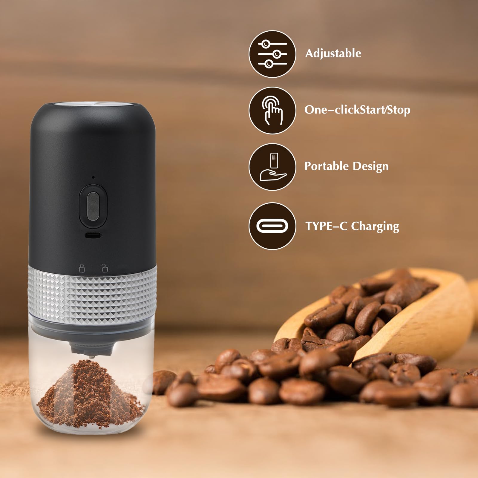 Macinacaffè Elettrico, Portatile Senza Fili Granulometria Regolabile con Macina in Ceramica per Espresso, Pour Over e French Press