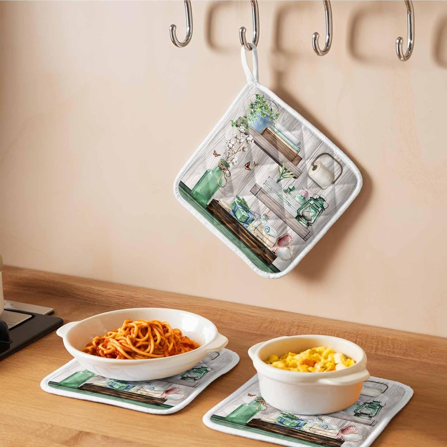 5 Pack Pot Holders for Kitchen, Green Gray Hot Pads for Kitchen Countertops Oven Pot Holder Bulk, Farmhouse Summer Botanical Wooden Heat Insulation Potholders with Hanging Loops