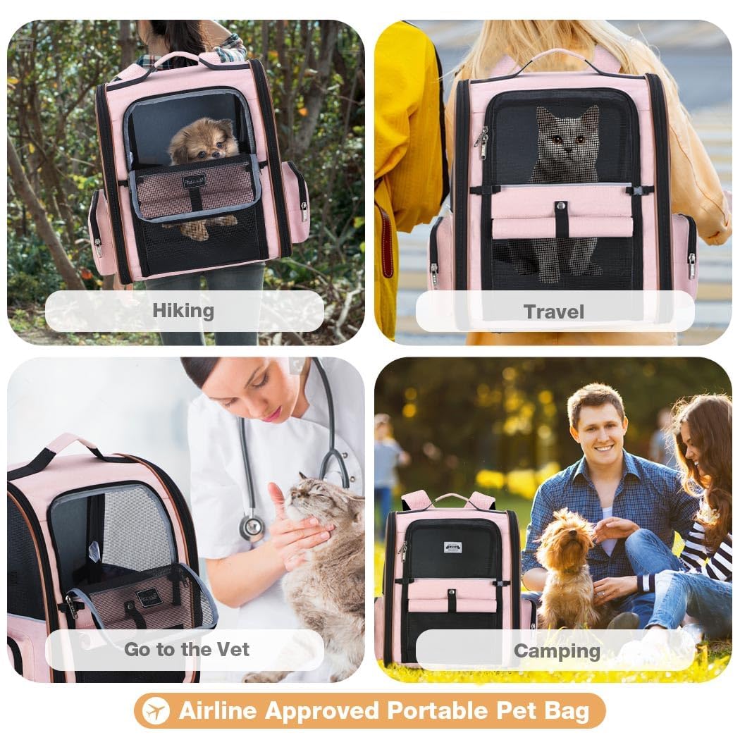 Torba dla kota z 4 wejściami | oddychająca torba dla psa - plecak dla kota z wewnętrzną uprzężą - plecak dla psa maksymalne obciążenie 12 kg - różowy