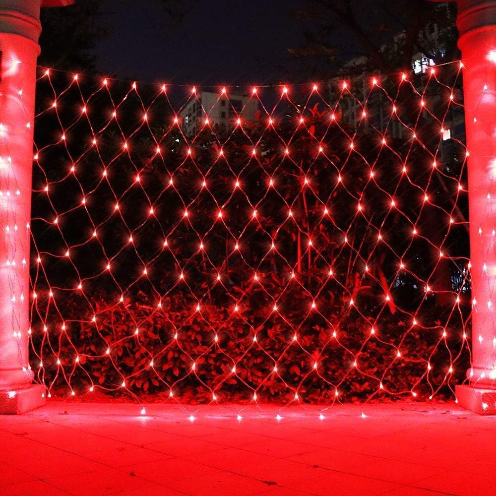 192 luces LED de red de Navidad, funciona con pilas, luces de cortina de malla impermeable, 8 modos de luz de hadas para árbol de Navidad, arbusto, jardín, decoración de patio trasero (rojo, 3