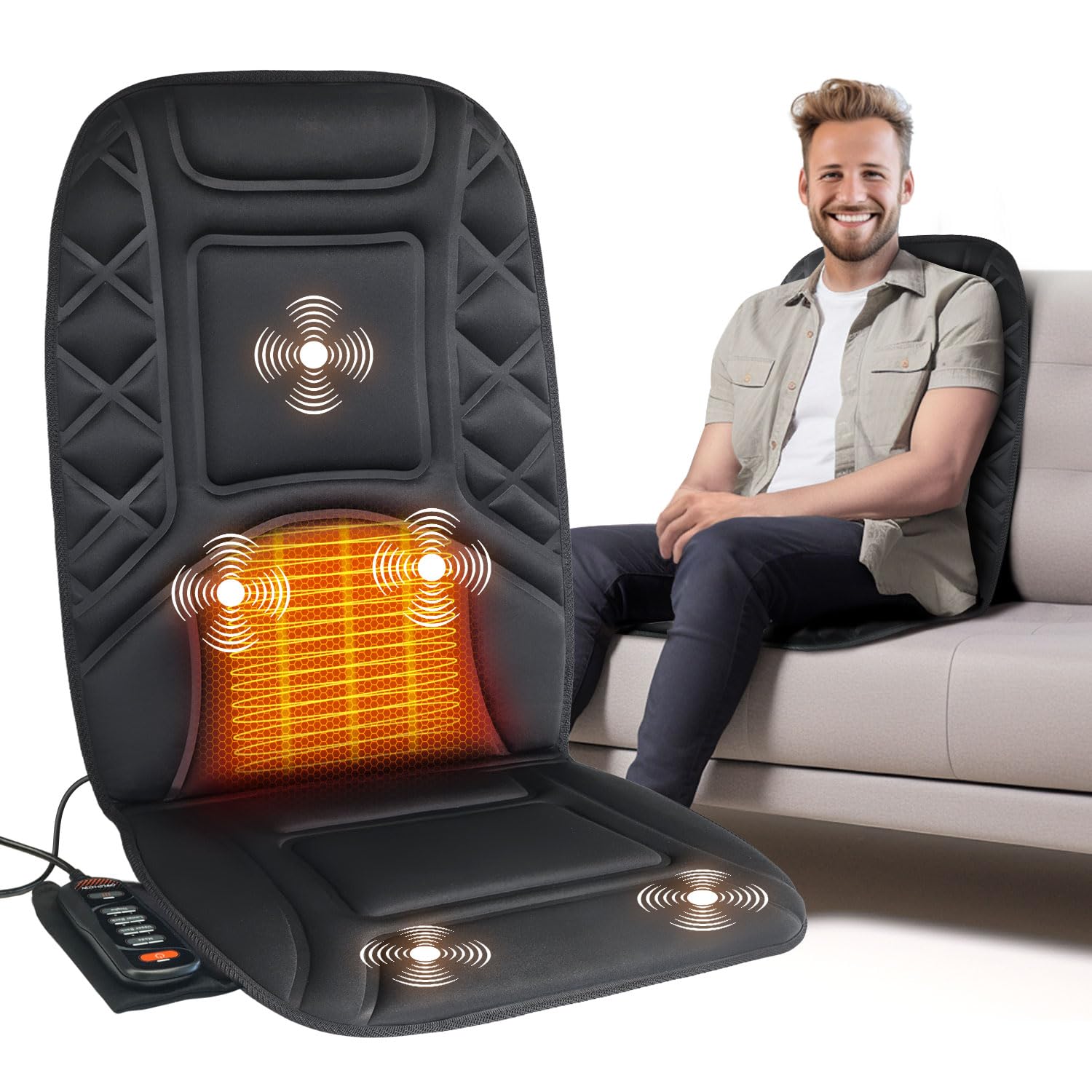 Massage Chair Pad,Seat Cushion with 5 Vibration Motors & 2 Heat Levels Lumber Support, Seat Cover for Home/Office Chairs, Back Massager for Back Pain Relief Warm Gift