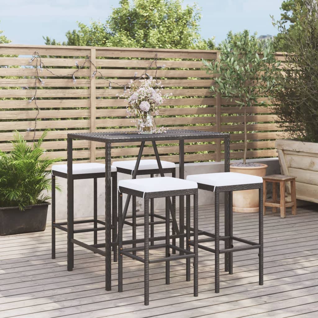 vidaXL Mesa y taburetes Altos jardín 5 pzas y Cojines ratán PE Negro