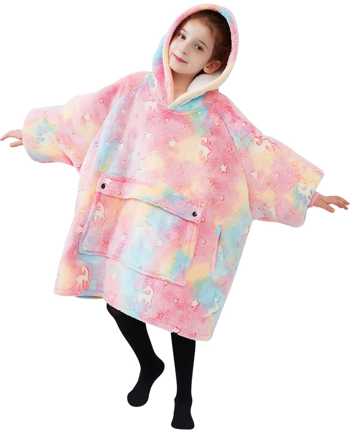 Glow in The Dark Wearable Blanket Hoodie for Kids Sherpa Patterns Oversized Sweatshirt Blanket with Pocket 6-10 Year Old Girl Birthday Gifts Rainbow
