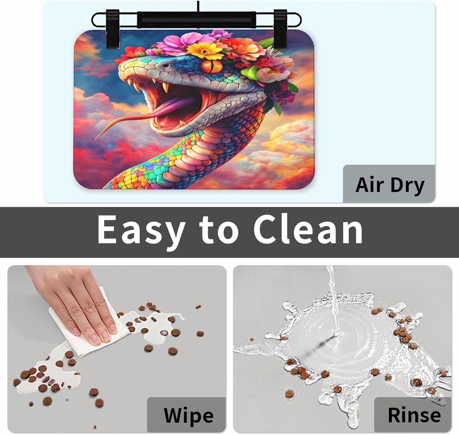 Fantasy Snake Dog Food Mat, Leather Pet Feeding Mat, Cat Mat for Food, Absorbent Pet Placemat for Indoor Outdoor Water Bowl 40x60cm