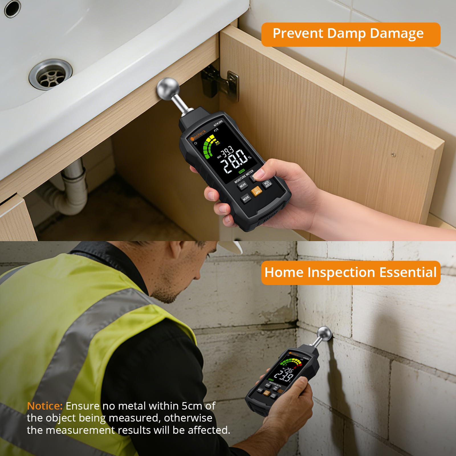 Neoteck Humidimètre Mur Détecteur Humidité Mur Sans Aiguille – Scanner Béton Plâtre Bois Maçonnerie, Analyse Profondeur 5-40mm, 5 Modes, LCD 3 Couleurs, pour Rénovation Maison Chantier