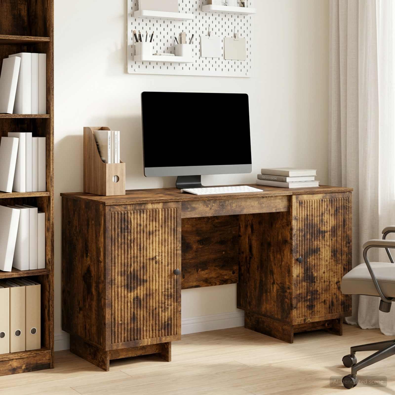 Schreibtisch Geräucherte Eiche aus Holzwerkstoff 142,5 x 50 x 75 cm für Laptop, PC Arbeit, Homeoffice, Gaming, Lernen, Büro und Wohnraum mit Stauraum und Ablage