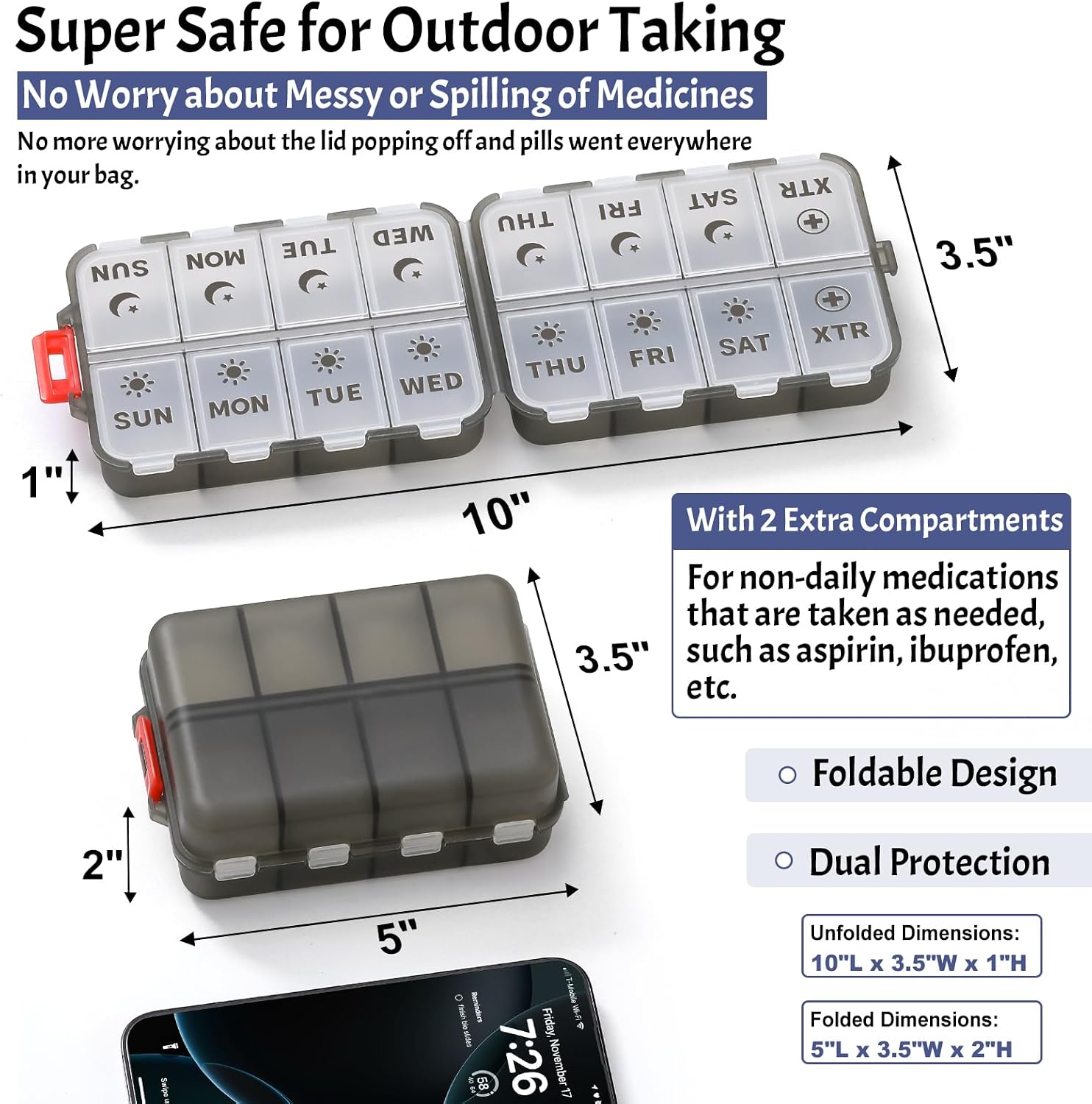 Foldable Weekly Pill Organizer 2 Times a Day with 2 Extra Compartments - Etched Label - Portable 7 Day AM PM Medicine Box, Week Daily Travel Pill Case Holder for Meds, Vitamin, Supplement, Clear Black image 3