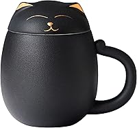 HEER Black Cat Ceramic Tea Cup with Infuser & Lid - Cute 13.5oz Loose Leaf Mug, Perfect Gift for Cat Lovers Women Men Mom Sisters