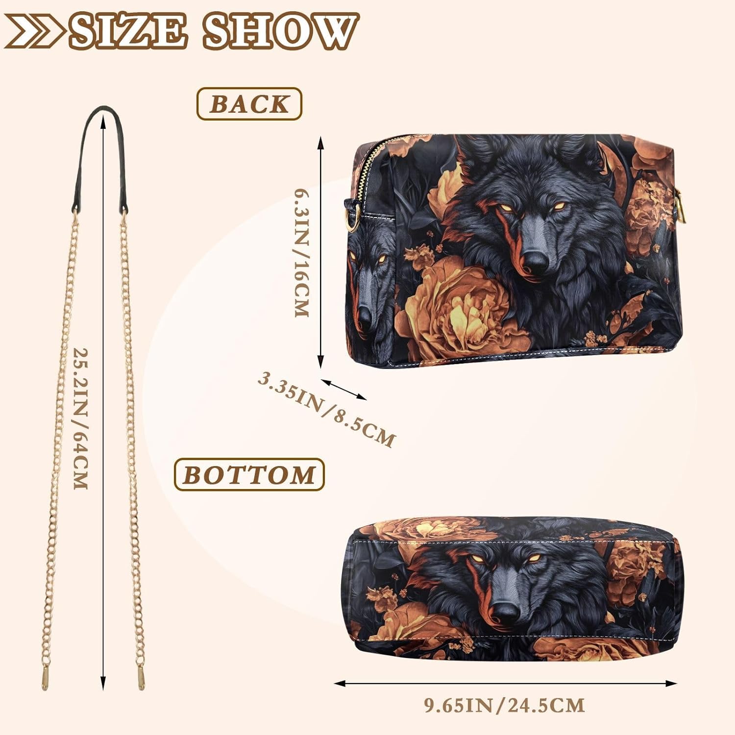 Women Crossbody Bag Shoulder Handbag Cellphone Purse Bronze Wolf Print, PU Leather Metal Chain Strap Water Resistant Zipper Closure