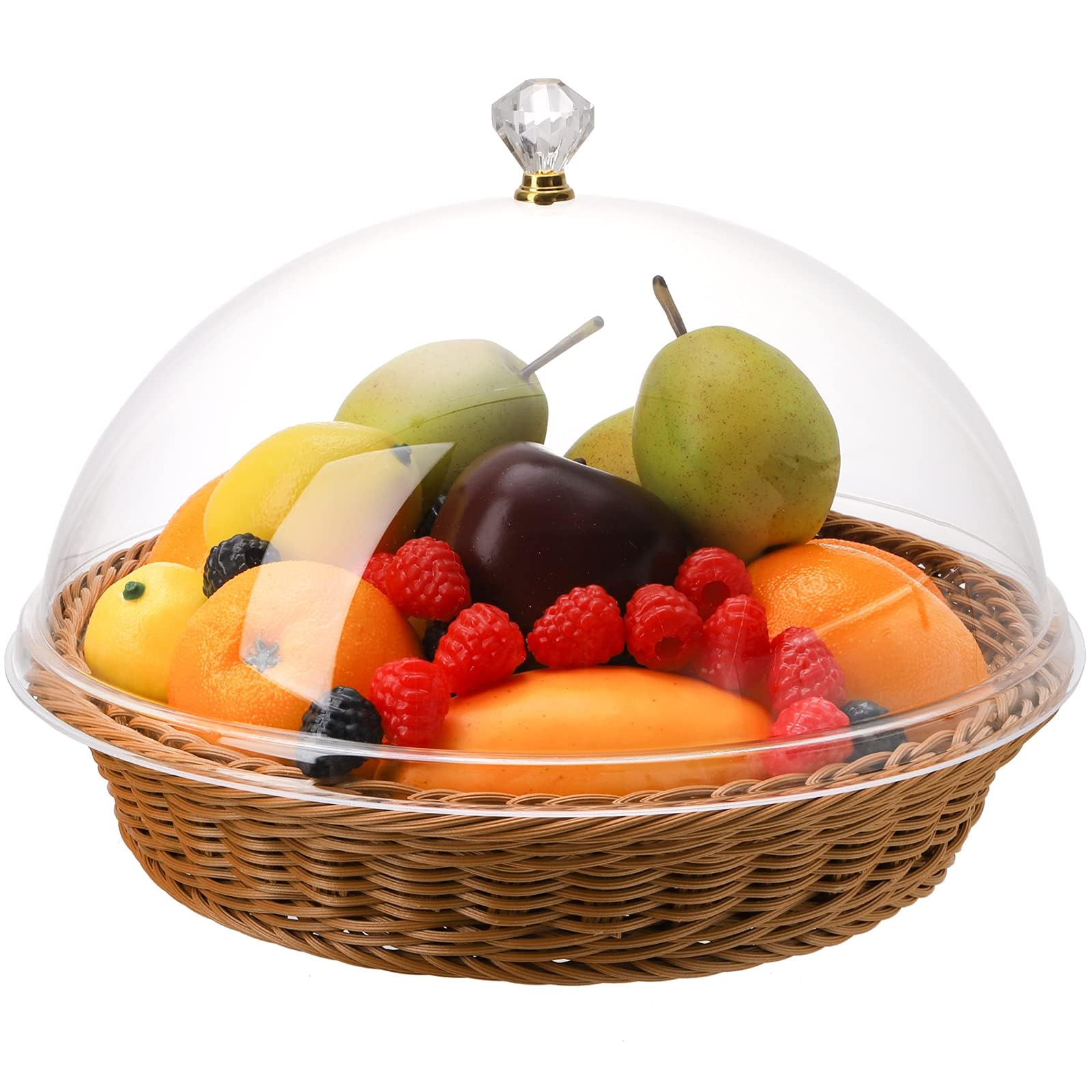 THE WHITE SHOP Imitation Rattan Bread Basket with Acrylic Dome Cover, Round Woven Fruit Basket Handmade Poly Food Serving Basket for Bread, Snacks, Vegetable, Food