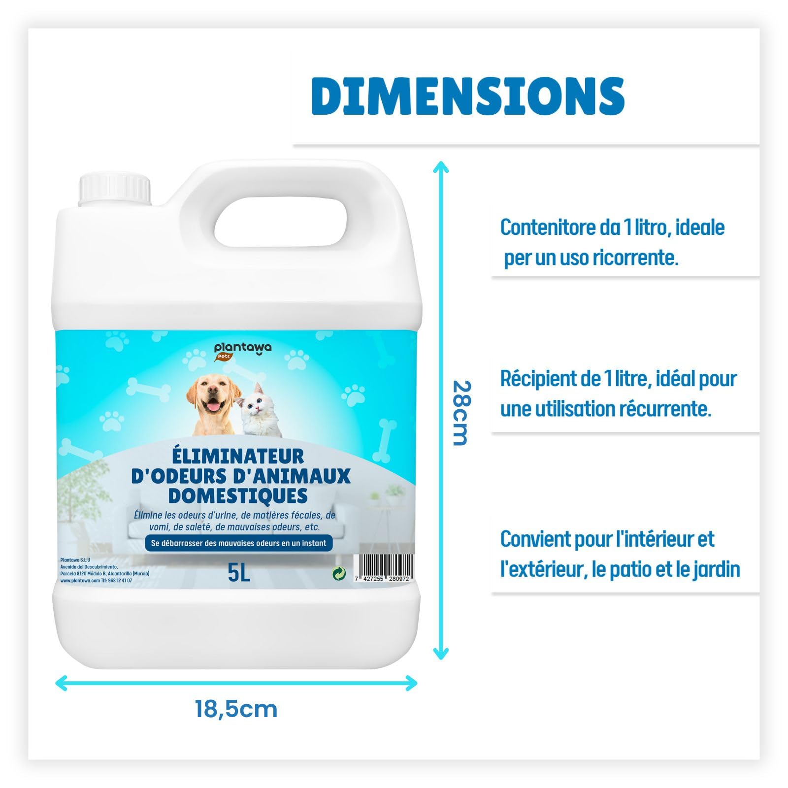 PLANTAWA Éliminateur instantané d'odeurs d'animaux domestiques 5l. Neutraliseur Enzymatique Odeurs Urine Fèces Vomissements. Intérieur et extérieur, Patio Jardin. Anti Odeur Urine Chiens Chats.