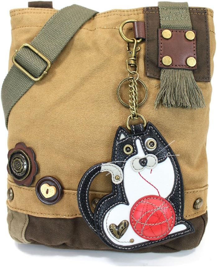 Chala Handbag -Black Cat Patch Crossbody Canvas Messenger Bag (Brown)