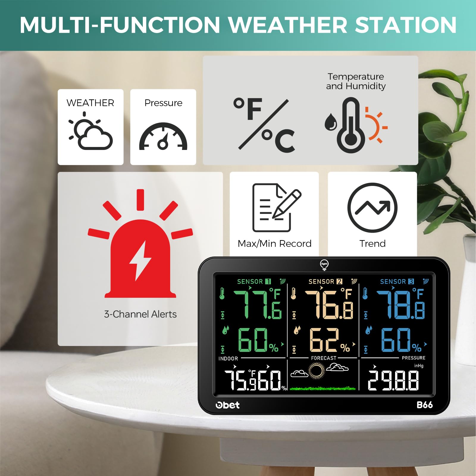 OBET Wetterstation, kabellos, Innen- und Außenthermometer mit 3 Sensoren, Temperatur-Feuchtigkeitsmonitor mit Warnungen, 150 m Reichweite und 3 einstellbaren Helligkeiten