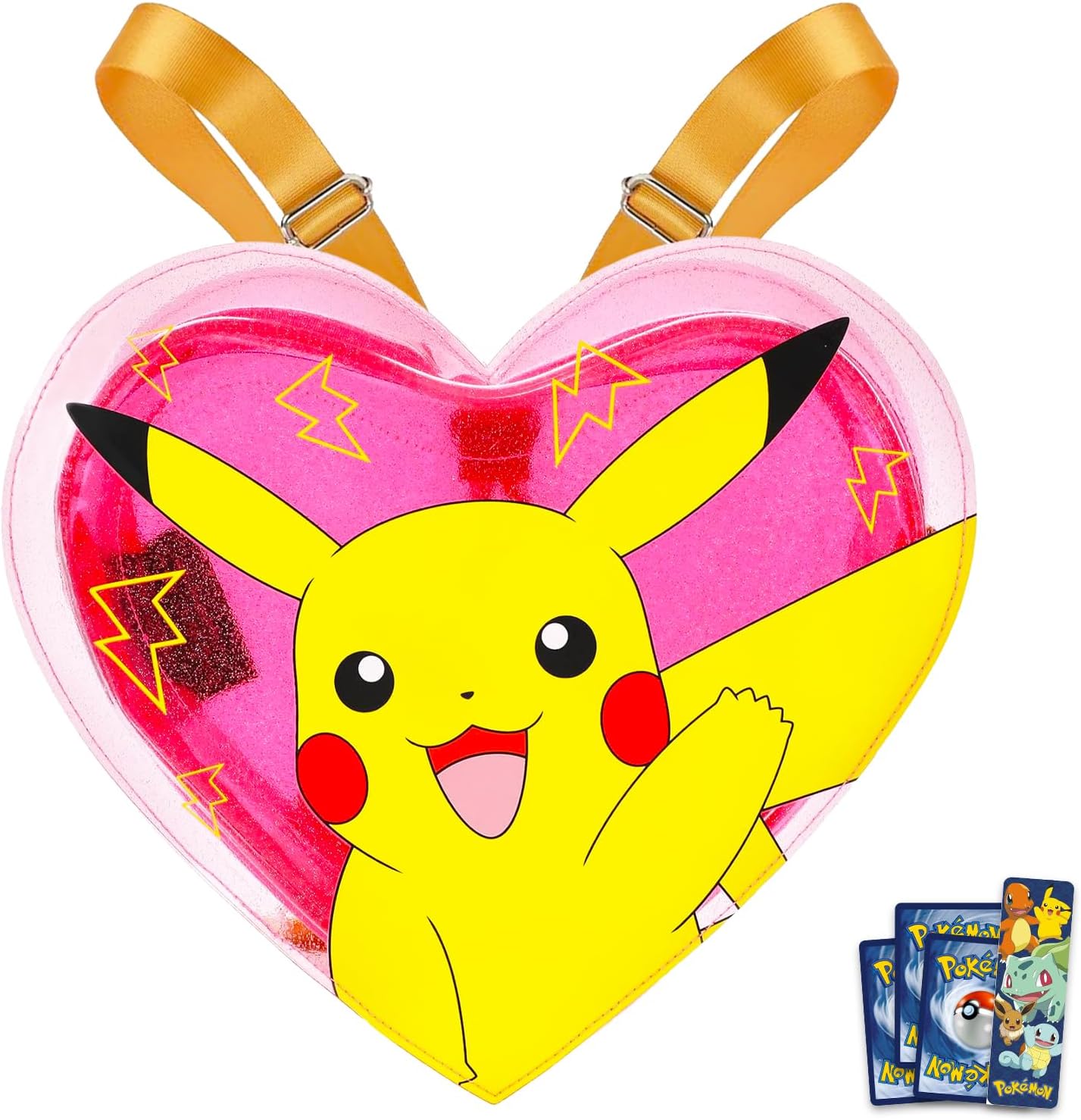 Pokemon Mini Backpack for Adults - Bundle with 12" Heart Shaped Pikachu Backpack Purse for Women Plus Trading Cards, Bookmark Small Bookbag Set