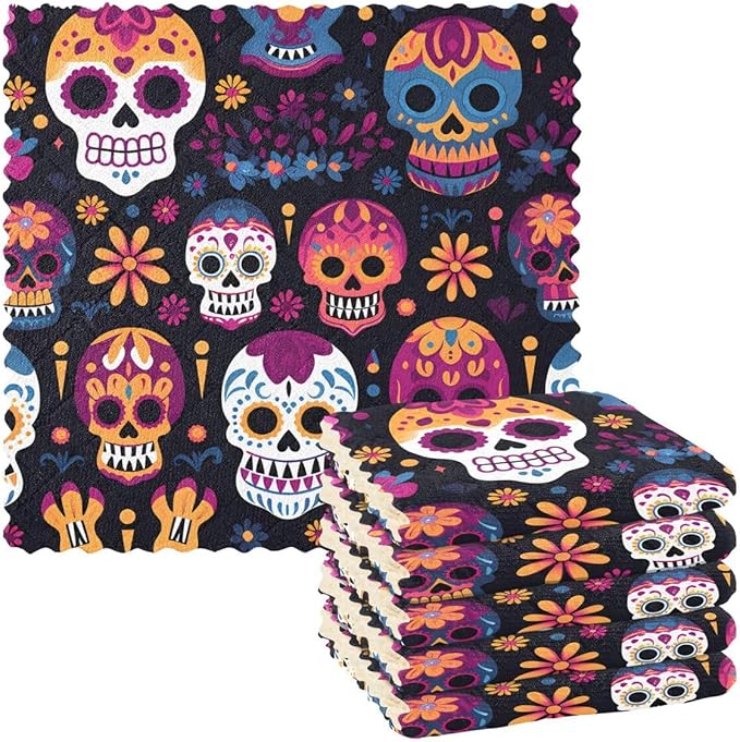 ALAZA Dia De Los Muertos Sugar Skull Dish Cloths Kitchen Towels Dish Towels 6 Pack Absorbent for Drying Dish Cleaning Washing Soft 11x11 Inches