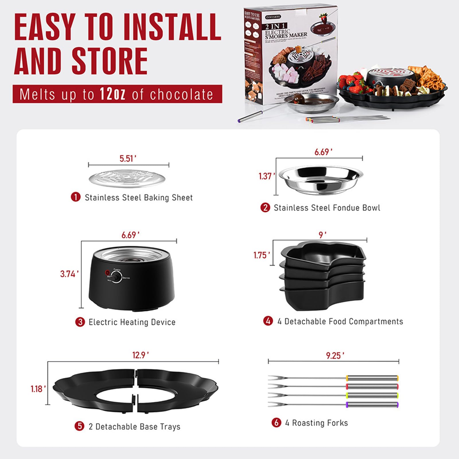 Fondue Chocolat 2 En 1 Machine à S'mores Et Fondue 2-en-1 - 280W, Contrôle Température, 10 Accessoires Kit Fondue Réglable Température