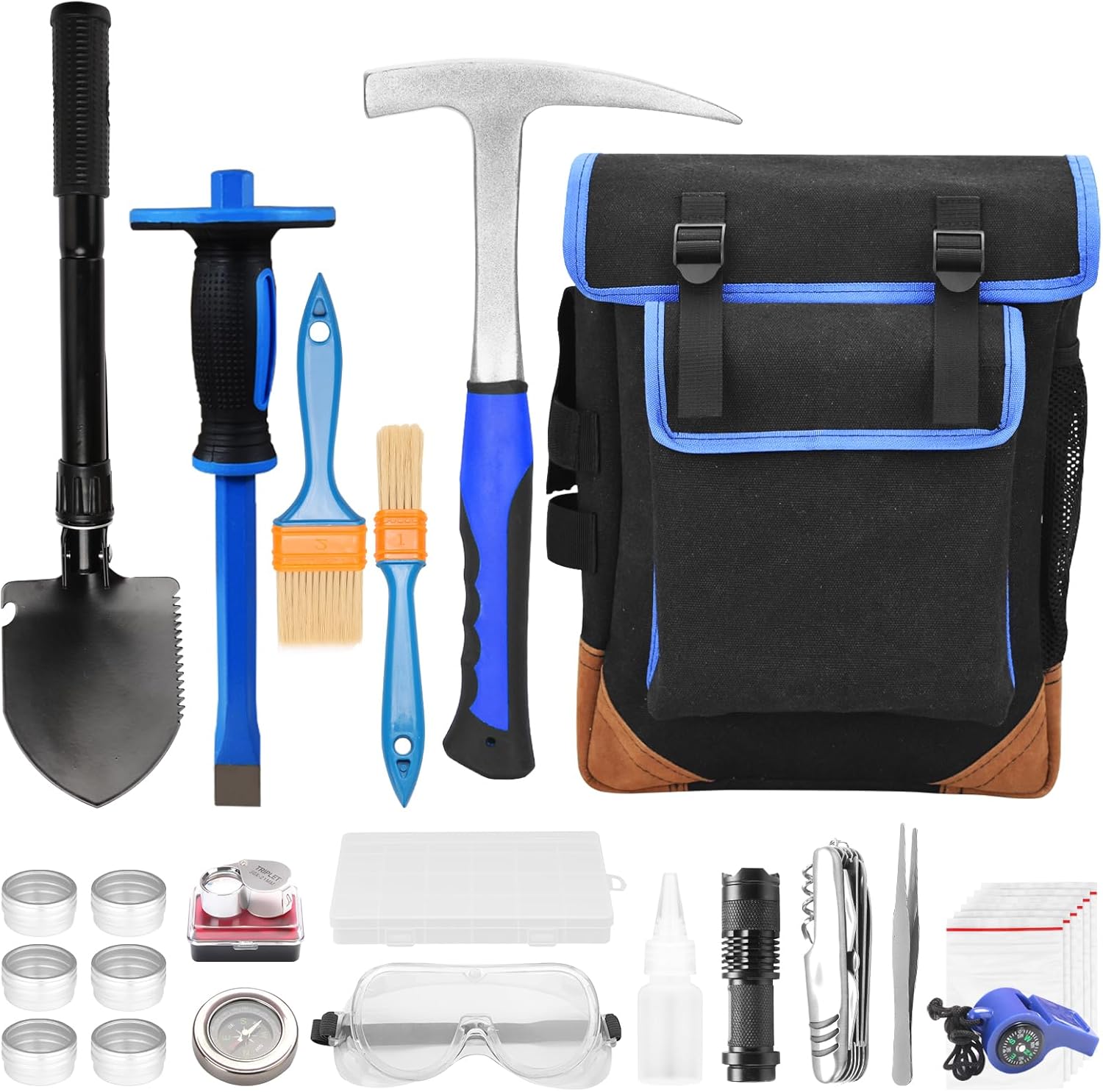 27pcs Geology tool kits，Rock mining tools，Rock hounding tools with exquisite accessory matching，Geological hammer and Foldable shovel(style001)