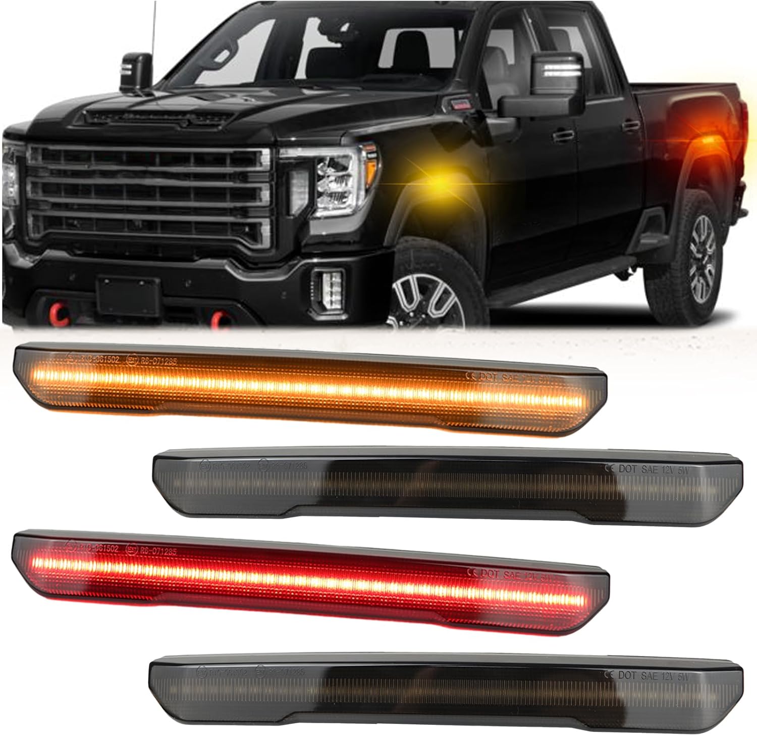 Smoked LED Side Marker Lights Kit (4-Piece) – Compatible with 2020-2024 GMC Sierra 2500HD/3500HD – Amber Front Fender & Red Rear Bumper Turn Signals | Plug & Play OEM Replacement