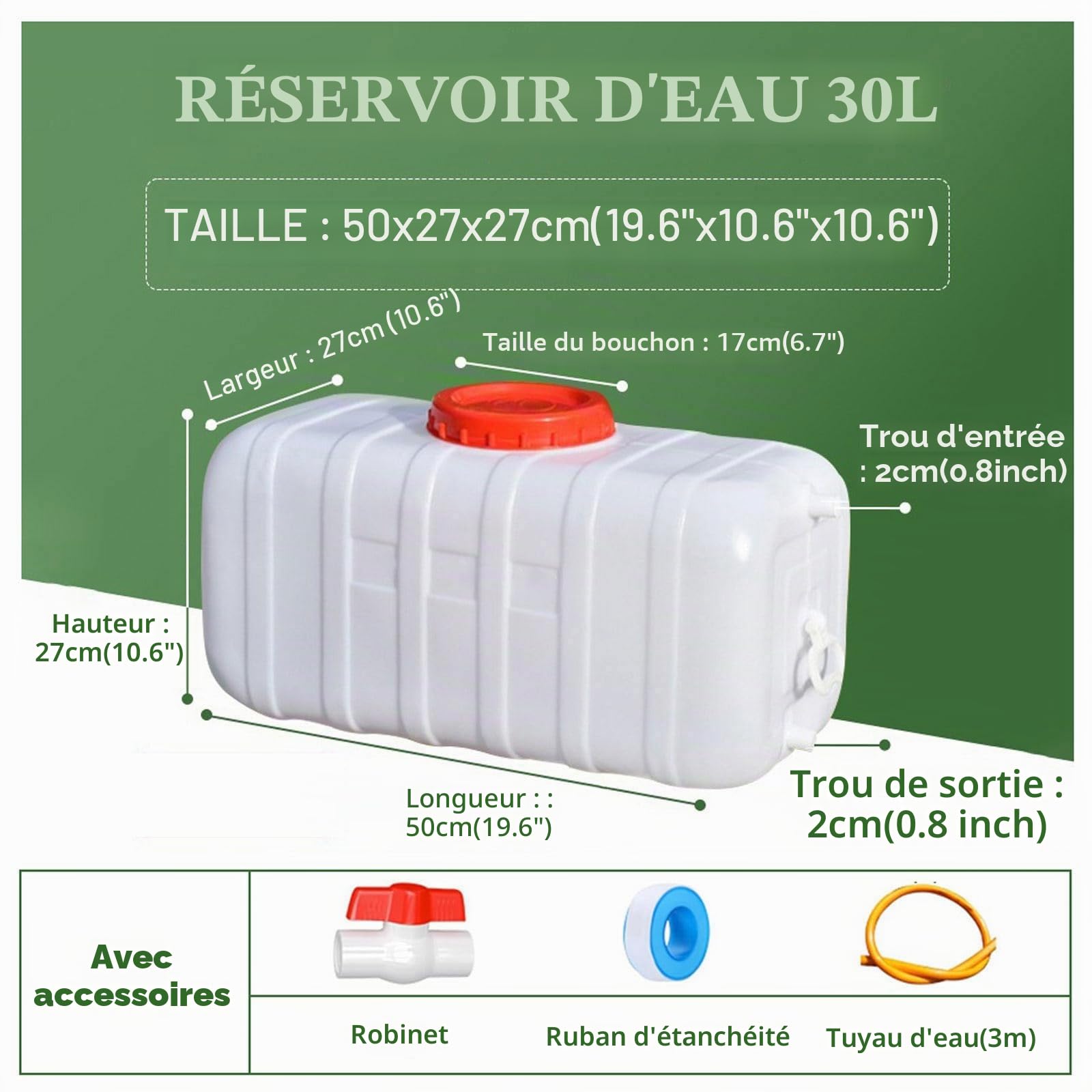 Bidon Eau avec Robinet, Grande Capacité Réservoir d'eau en Plastique Jerrican Alimentaire pour Camping-Car, Van, Camping, Cuisine(Size:30L,Color:Blanc)