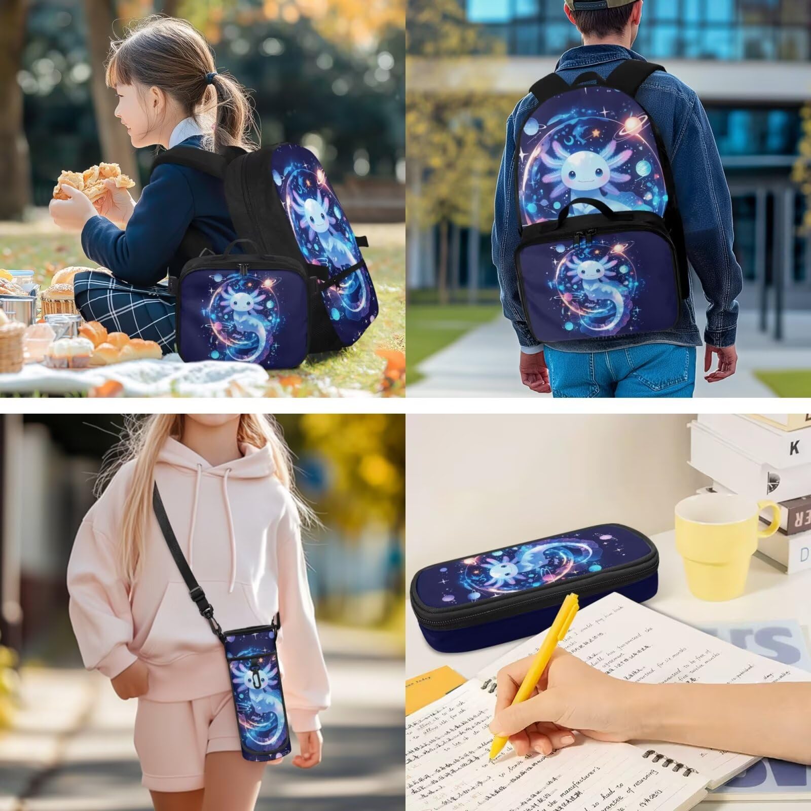 Kinder-Rucksack, Schultasche und Lunchbox-Set für die Grundschule, 43,2 cm, mit Wasserflaschentasche, Axolotl Galaxy, M, Casual