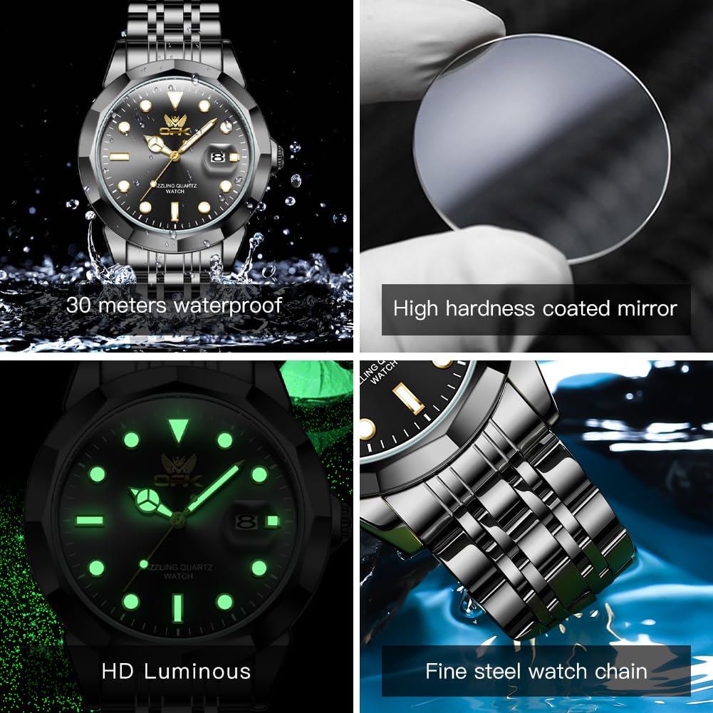 OPK Watches for Men Dress Analog Quartz Watch with Day Mens Business Wrist Watch Luxury Big Face Stainless Steel Waterproof Luminous — view 5