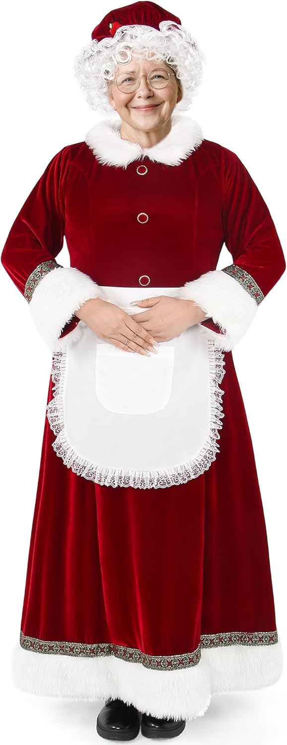 Mrs Claus Costume for Women 5 PCS Adult Velvet Miss Santa Dress Outfit Plus Size Suit for Christmas Xmas Holiday