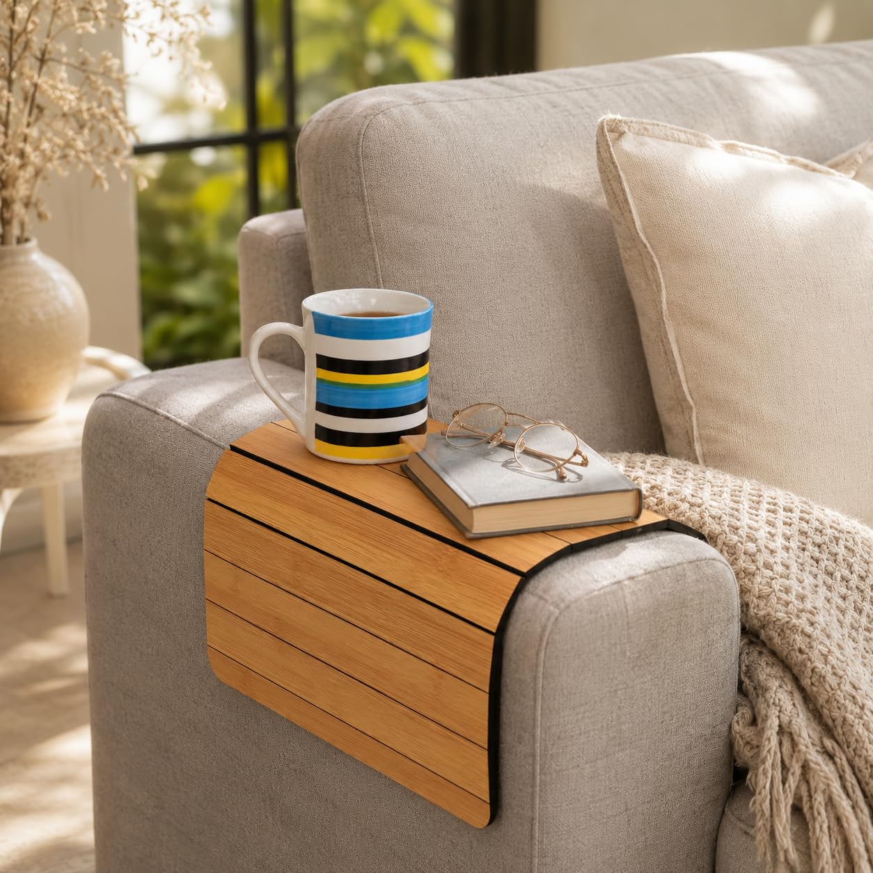 GKD Sofa Armrest Tray Table | Bamboo Finish Couch Arm Table | Non-Slip Tray for Remote, Snacks, Coffee | Compact & Foldable | 15x10 Inch | Made in India (Medium)-image-43