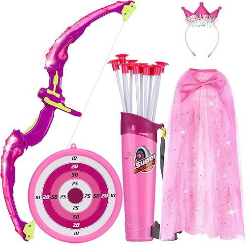 Arco y flecha para niños, juego de tiro con luz LED con capa de princesa y corona, juguete al aire libre para niñas de 3 a 8 años con 10 flechas de