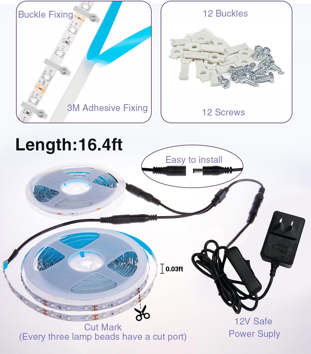 Diagram showing installation steps including buckle fixing, 3M adhesive, cut marks on the LED strip, and the 12V power supply connection.
