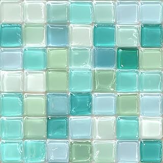 10PCS 12x12 Inch Peel and Stick Floor Tiles Self Adhesive Vinyl Flooring Tile Glossy Glass Mosaic Stickers Removable Wall Decals Kitchen Bathroom Laundry Pool Shower DIY Home Decoration