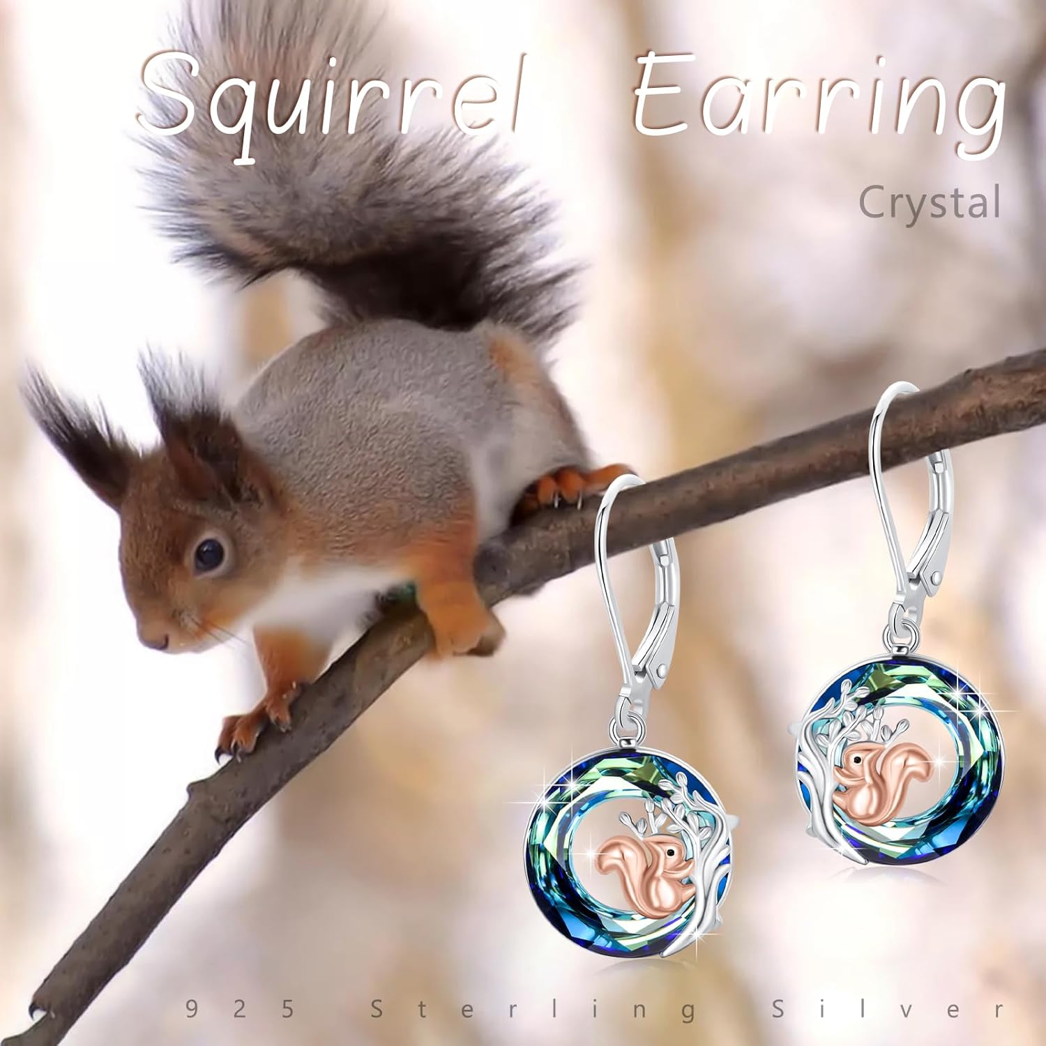 Squirrel Earrings for Women 925 Sterling Silver Tree of Life Squirrel Drop Earrings with Crystals Squirrel Jewelry Gifts for Women - Image 6