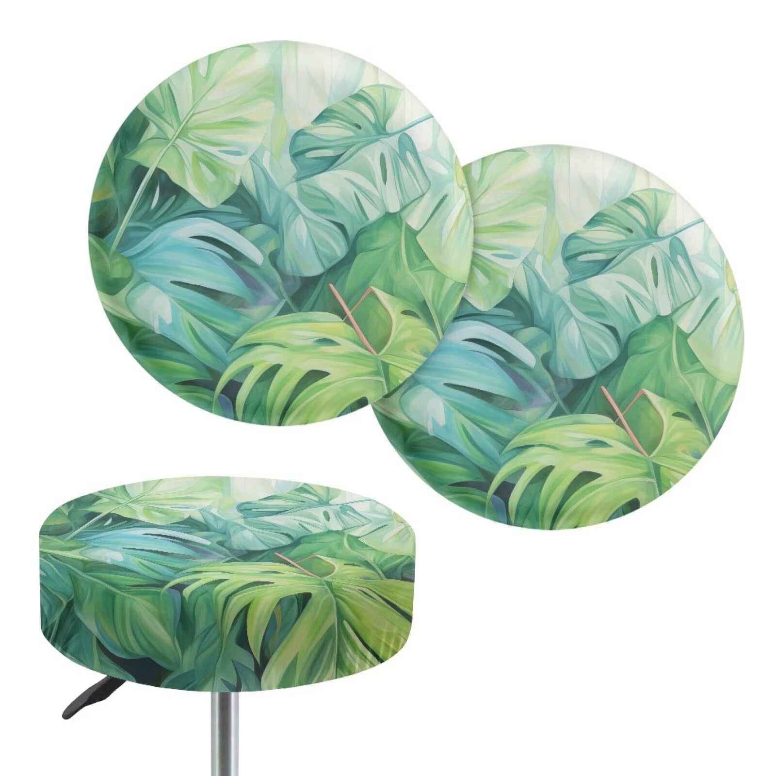 Flashideas Palm Leaf 2 Pcs Stool Slipcovers High Elastic Stretch Round Bar Stool Covers Round Seat Cushion with Elastic Bands Bar Chair Covers for 14-17 Inch Chair