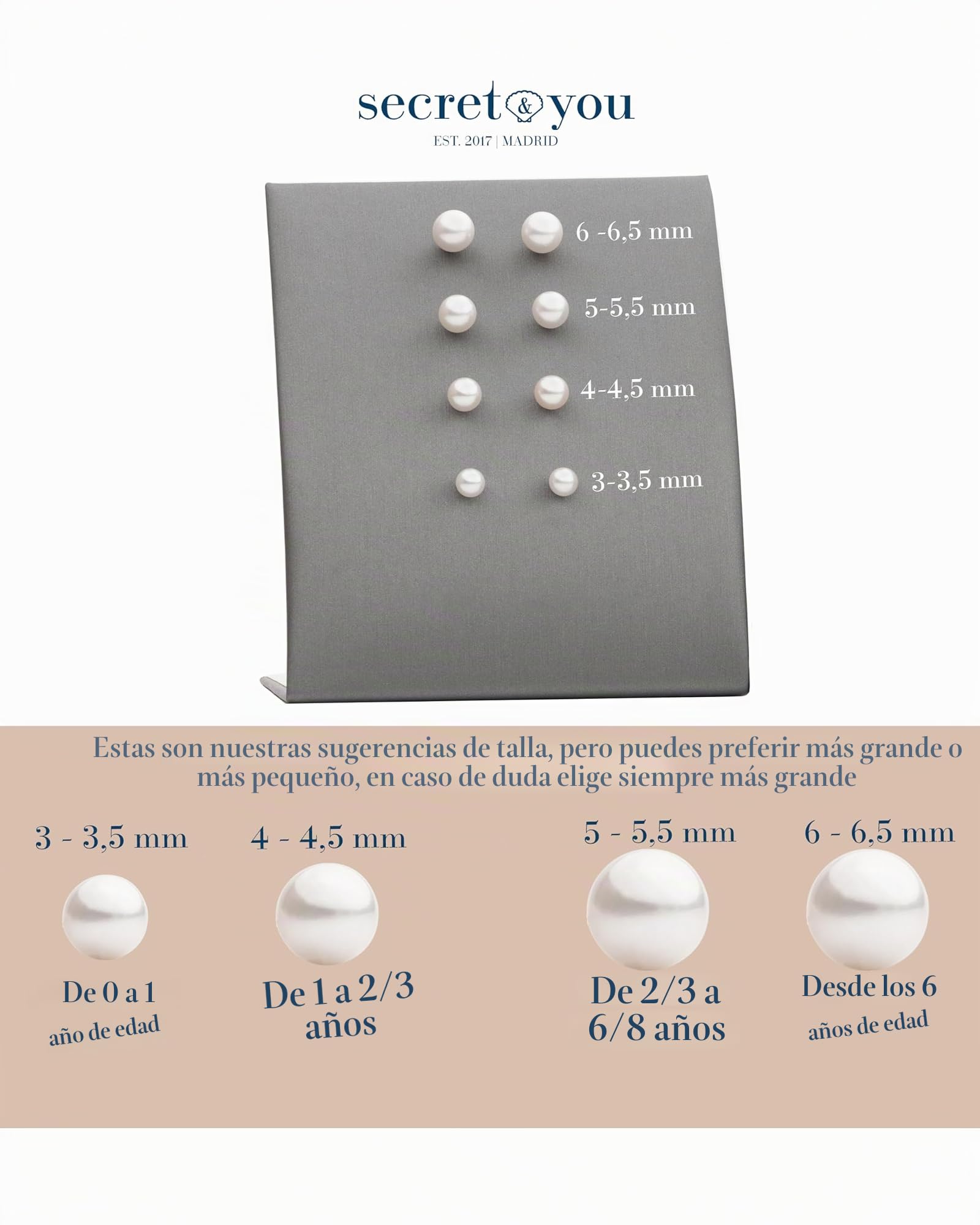Pendientes para Bebés y Niñas de Perlas Blancas Redondas con Tuerca Especial de Tornillo SECRET & YOU - Disponibles en Oro de 18 Kilates o en Plata de ley de 925 milésimas