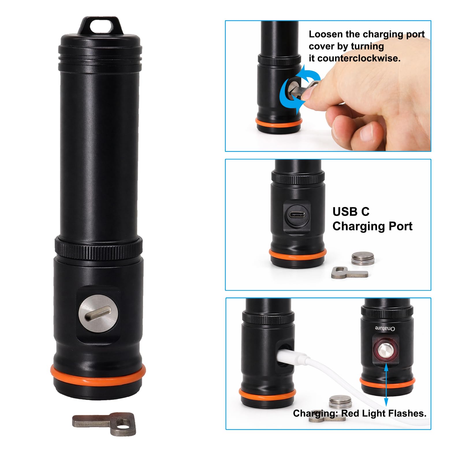 2000 Lumen Professionelle Tauch-Taschenlampe, wiederaufladbar, IP68 wasserdicht, 100 m Unterwasser-Taschenlampe mit Typ-C, Schwarz (Batterie nicht im Lieferumfang enthalten)