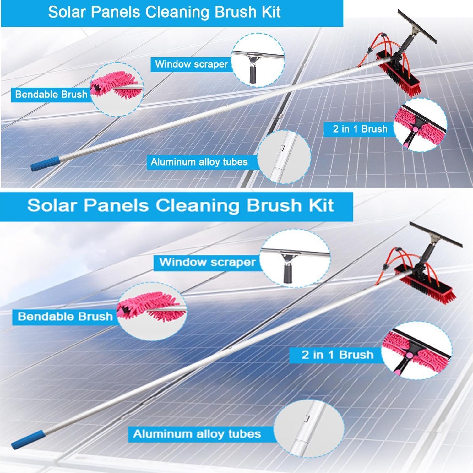 Herramienta de limpieza de panel solar con cepillo – Telescópico – Lavado de agua – Kit de cepillo alargado para panel solar fotovoltaico tejados invernaderos y ventanas,9M