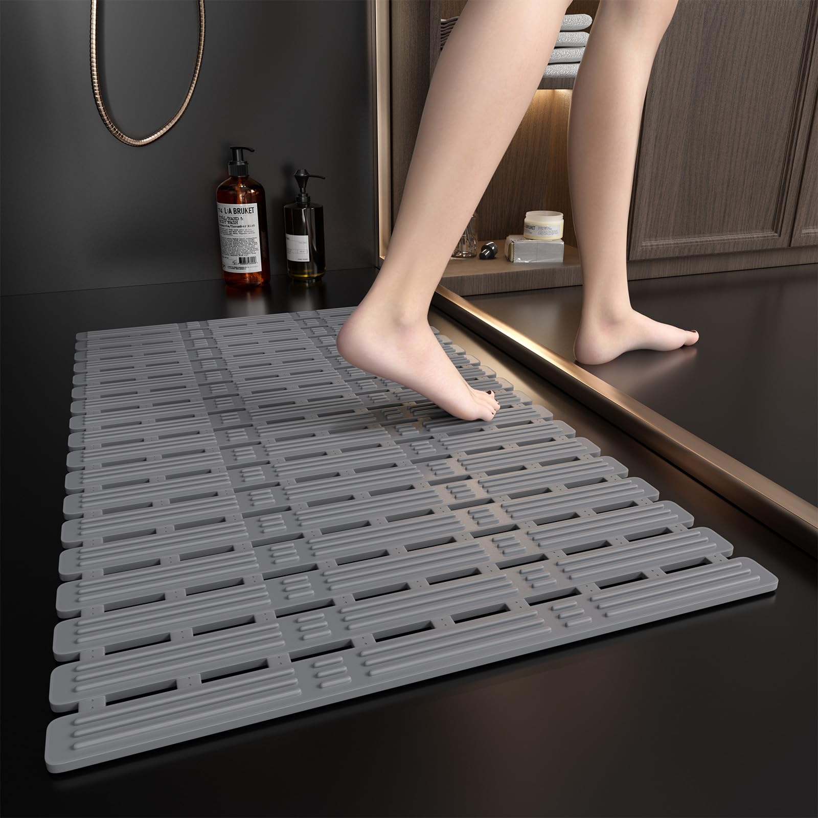 XIYUNTE Shower Mat Non Slip Anti Mould for Elderly - 68 x 40cm Non Slip Bath Mats for Inside Bath, TPE Anti Slip Shower Mat with Strong Suction Cups & Drain Holes, Cut to Fit, Matt Grey