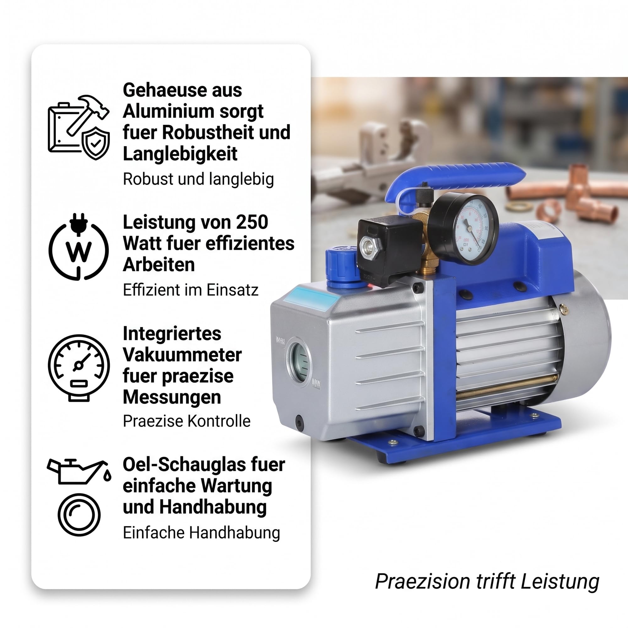 Mucola Vakuumpumpe 99 L/Min 250 Watt Aluminium 230V – Unterdruckpumpe mit Schauglas, Vakuum bis 5 Pa, Schlauchanschlüsse 1/4" und 3/8" SAE | für Klimaanlagen, Kältetechnik und Wärmepumpen Service