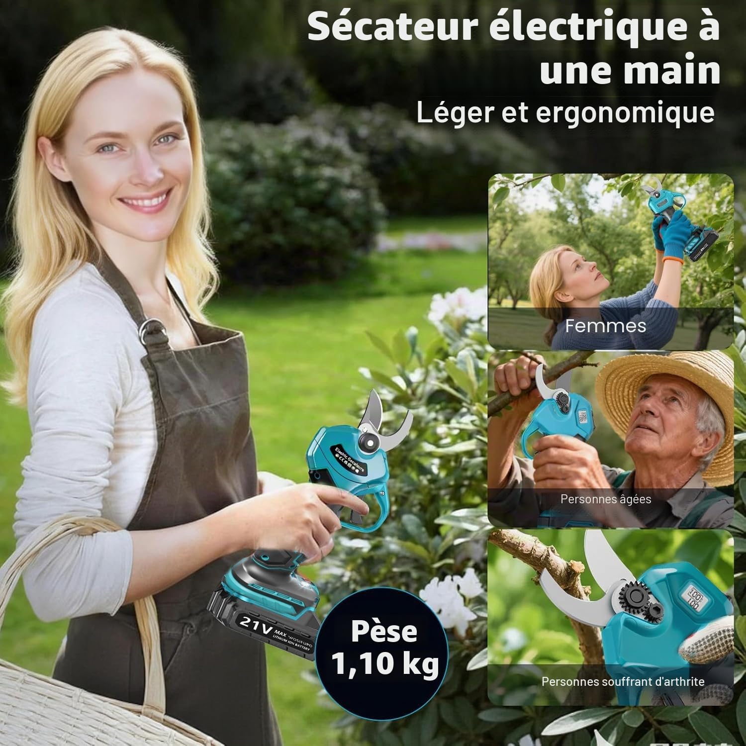Sécateur Électrique sans Fil 40mm Secateur Electrique, Sécateur électrique avec Écran avec 2 Batteries de 2.0Ah pour la taille, Coupe Branche Electrique pour Jardin/Arbres/Fleurs