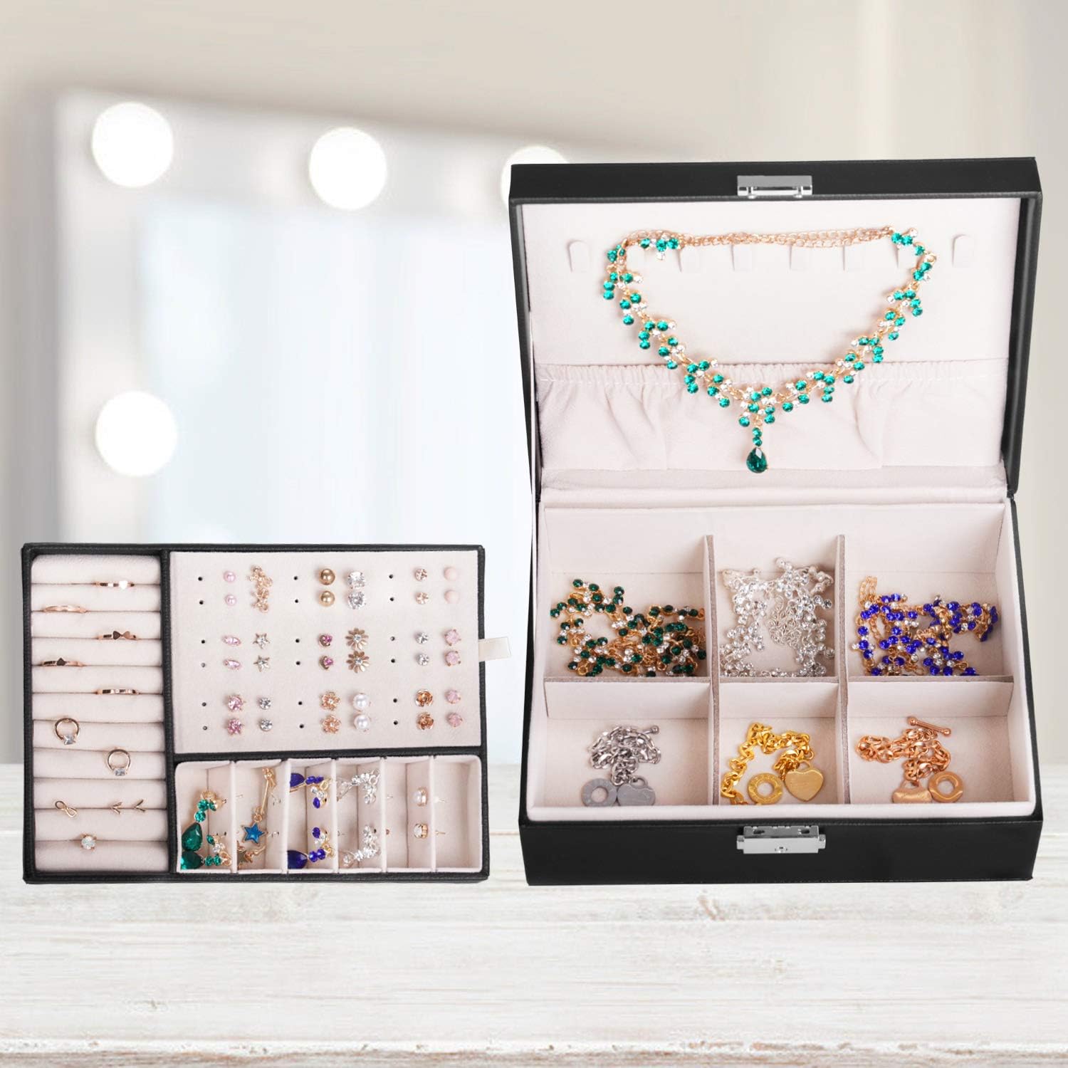 LAIHO Jewelry Organizer Box, Jewelry Boxes for Women PU Leather, Two Layer Jewelry Storage Holder with 74 Stud Hole and Lock, Jewelry Holder for Earring Ring Necklace Gifts for Girls, Ladies' Birthdays Valentine’s(Black): Home Improvement